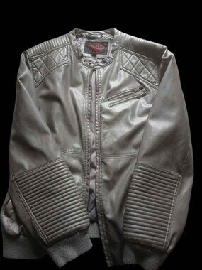 YORD Faux Leather Moto Jacket Silver Grey Quilted Ribbed